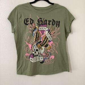 Ed Hardy Green Y2K Grunge Punk Biker Tattoo Skull Heart Graphic Tee 1X Casual